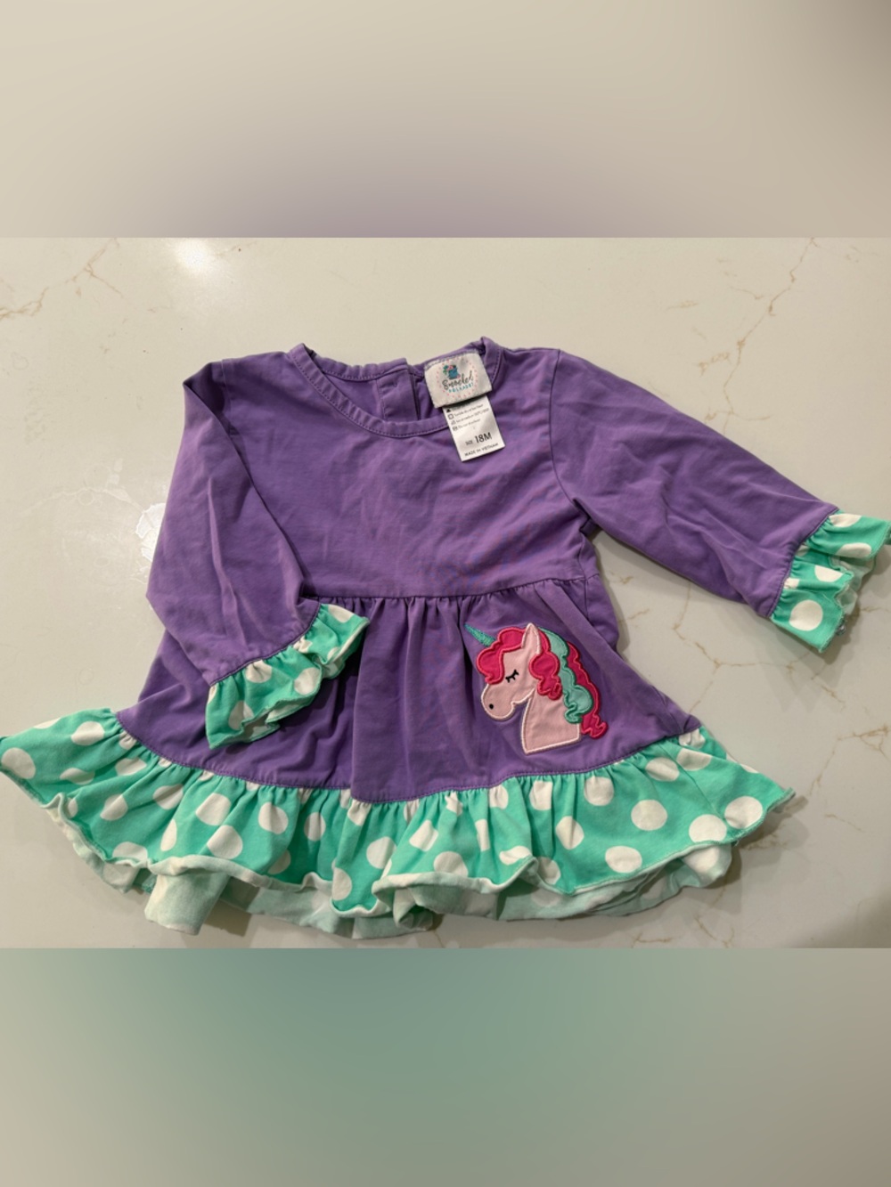 Purple Unicorn Ruffle Top with Mint Polka Dot Trim